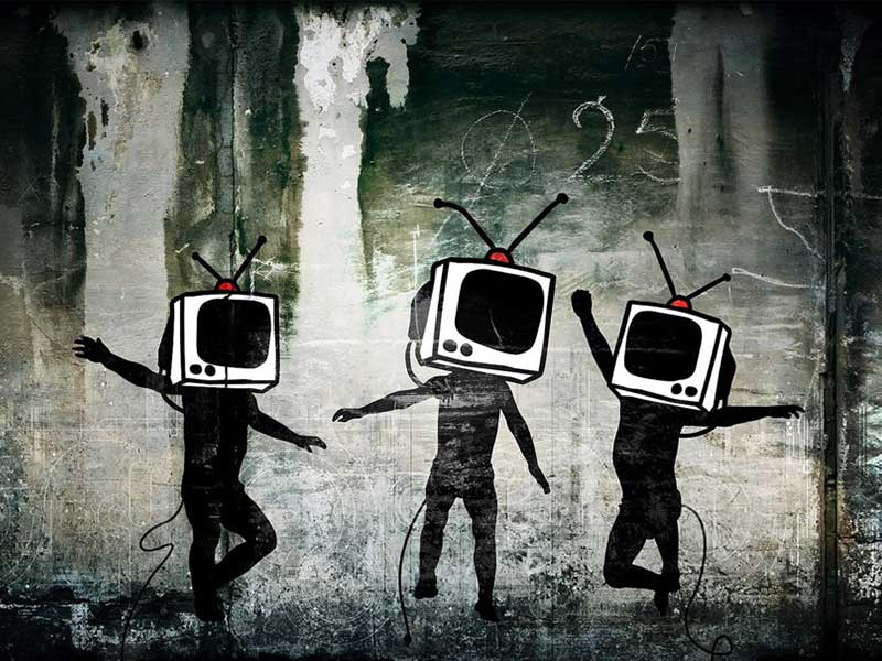 drawing of three bodies with televisions instead of their heads