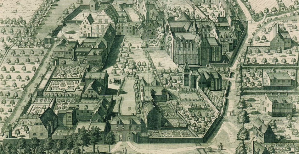 Antique engraving of the Abbey of Forest seen from above, with its church, walled gardens and surrounding houses