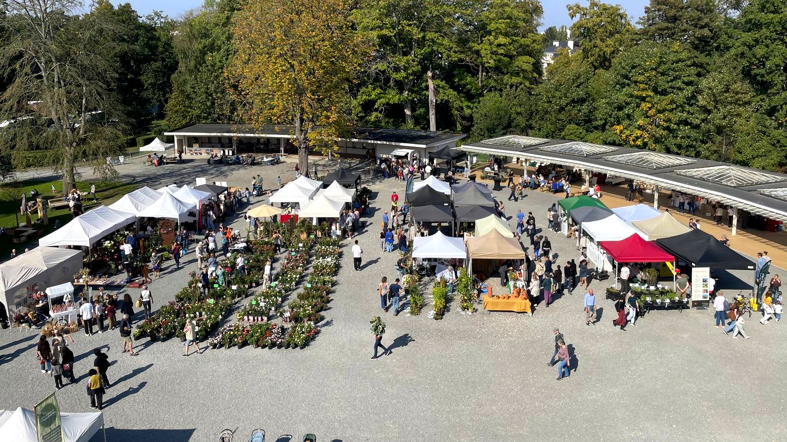 Vue d’en haut de la fête des plantes de Bruxelles : les stands des exposants et les visiteurs dans la cour ensoleillée de l’Hippodrome de Boitsfort