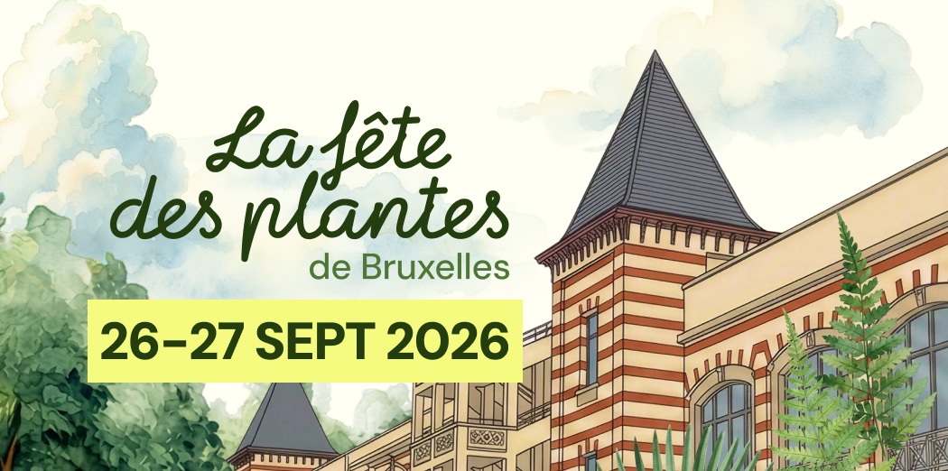 Affiche illustrée de la fête des plantes de Bruxelles, 26-27 septembre 2026, devant les bâtiments en briques rouges et blanches de l’hippodrome