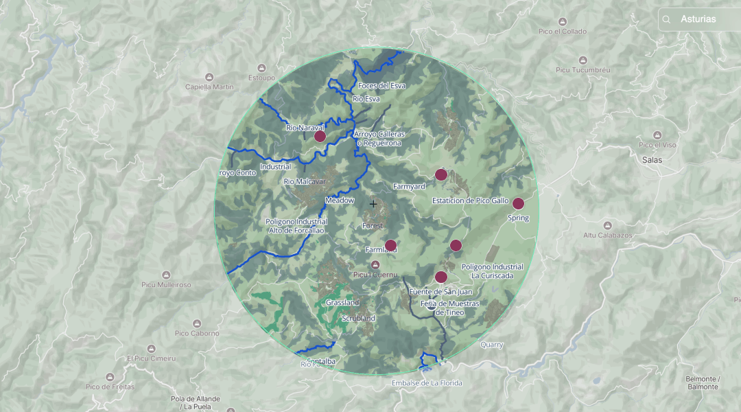 Screenshot of the Minnow platform: a terrain map with a circular study area and labelled location markers