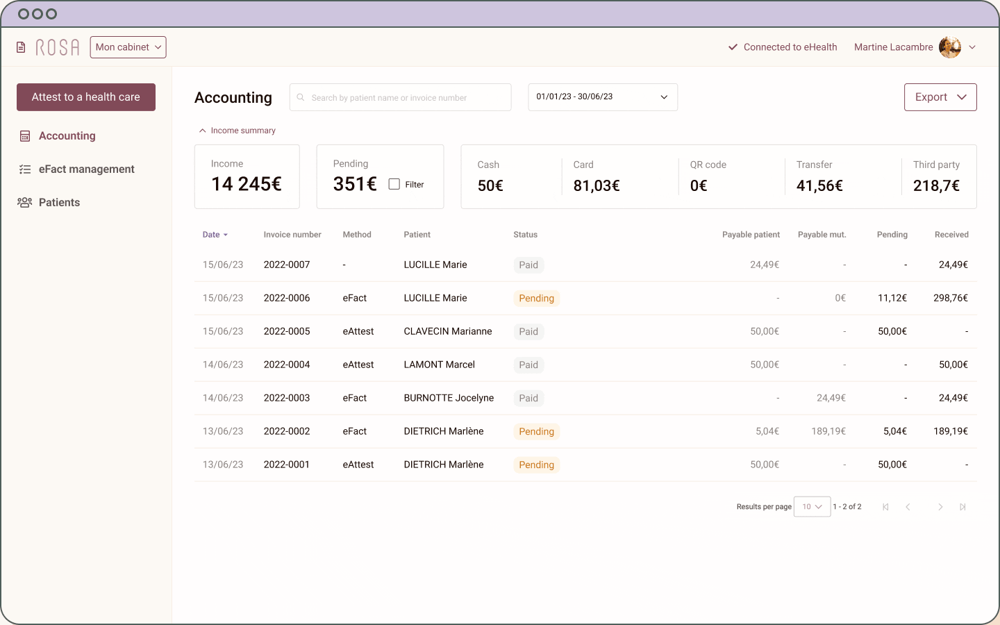 Screenshot of the Rosa eBilling dashboard: an accounting table of patient invoices with an income summary above